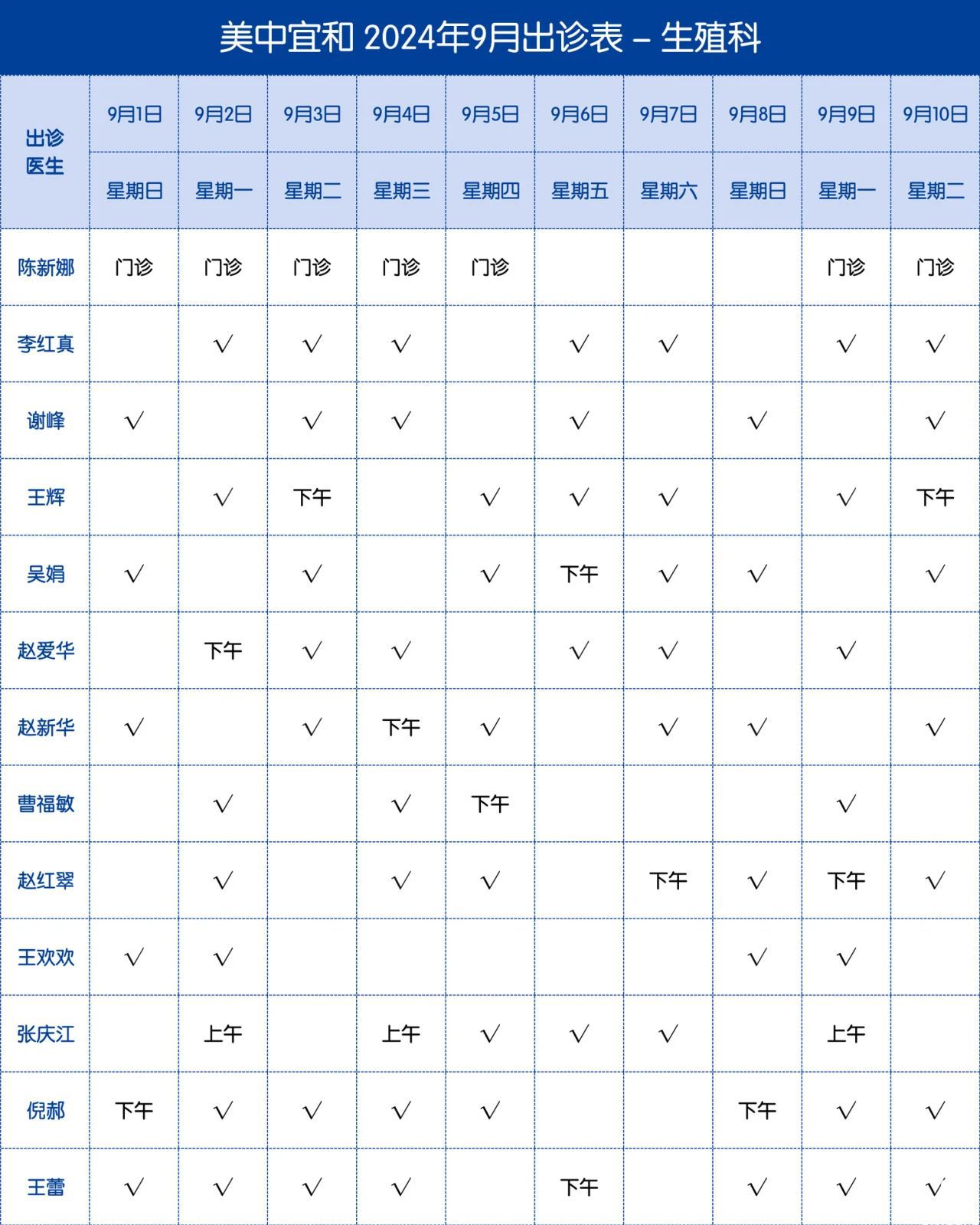 美中(zhōng)宜和生殖中(zhōng)心2024年9月医(yī)生出诊表