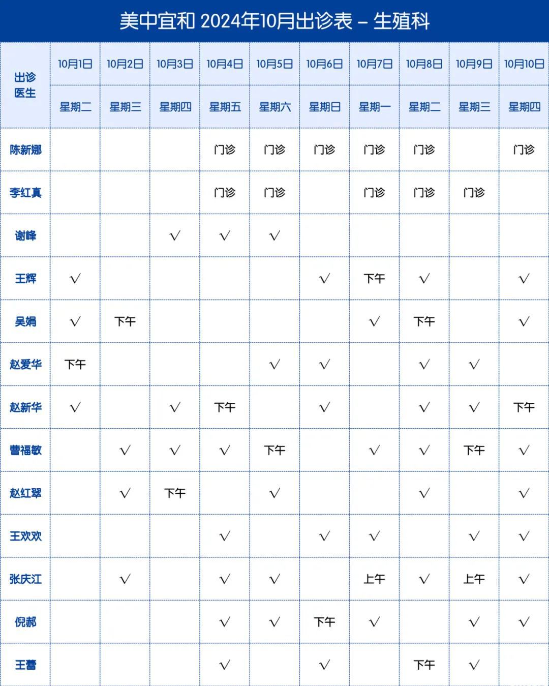 美中(zhōng)宜和生殖中(zhōng)心2024年10月出诊表